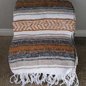 Mexican Falsa Blanket Tan Orange Gray Yoga Blanket Handmade Neutral Boho